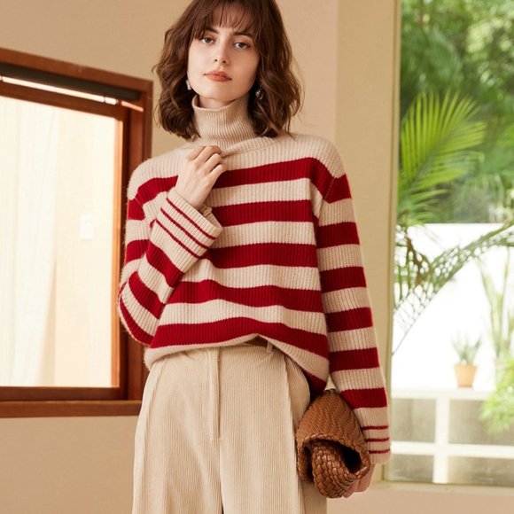 Light Luxury - Women's Turtleneck Striped Pure Cashmere Sweater - Picture 4 of 7